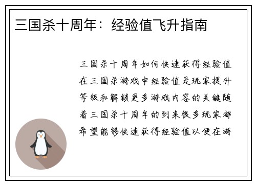 三国杀十周年：经验值飞升指南